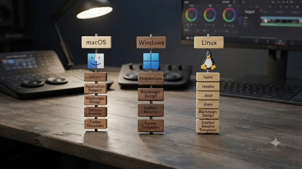 Illustration of three parallel folder path diagrams for macOS, Windows, and Linux showing the same Fusion Templates directory structure
