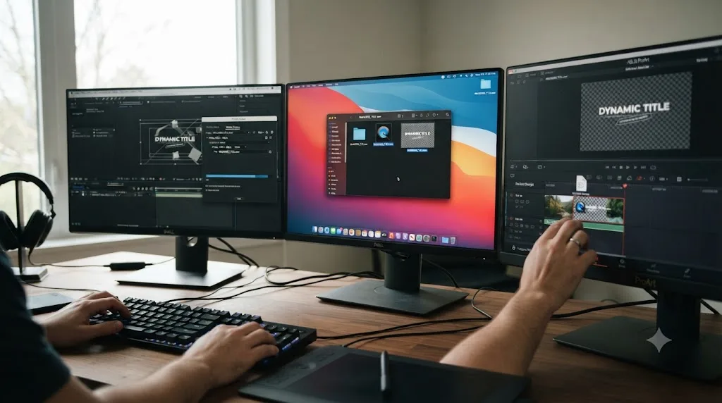 Illustration of a mogrt template being rendered into an alpha channel video file and dropped onto a DaVinci Resolve timeline