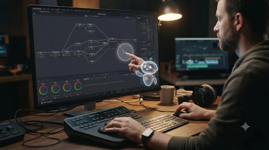 Illustration of an assistant overlay pointing at a specific unconnected node input inside a DaVinci Resolve Fusion project