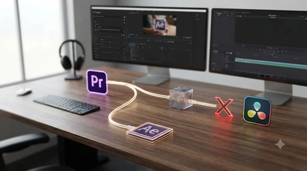 Illustration of an After Effects composition packaged as a mogrt file flowing into Premiere Pro with a dead end arrow toward DaVinci Resolve