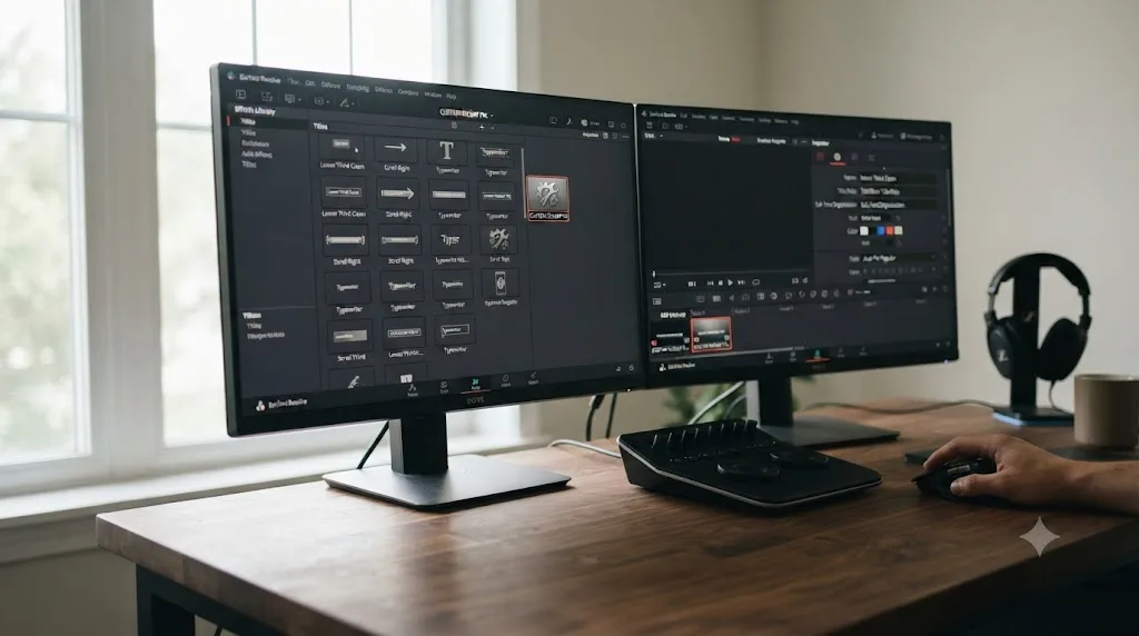 Illustration of a custom lower third template in the DaVinci Resolve Effects Library with exposed text fields in the Inspector