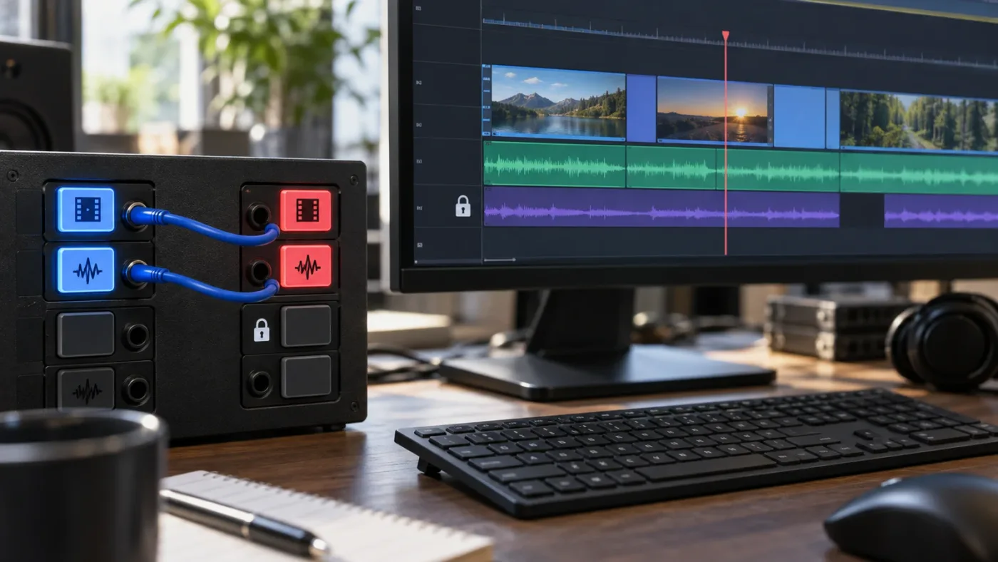 Illustration of source track patching and destination controls in DaVinci Resolve