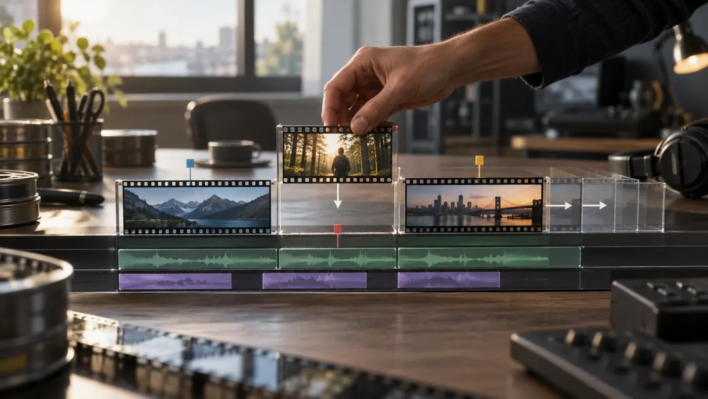 Illustration of a DaVinci Resolve insert edit pushing later clips along a timeline
