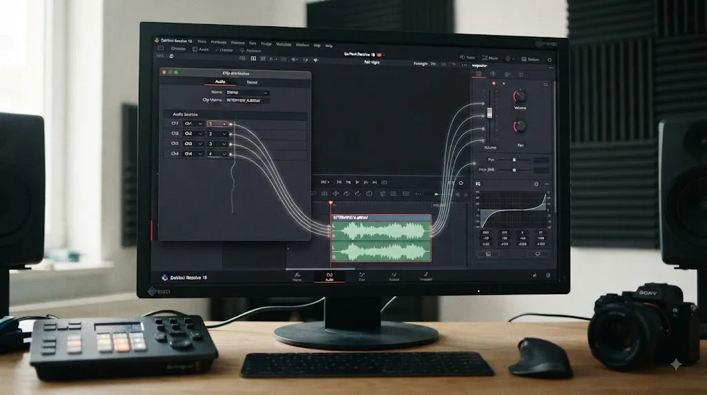 Illustration of DaVinci Resolve source audio channel mapping before timeline Inspector mixing controls
