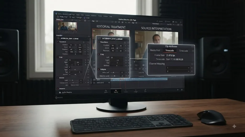 Illustration of DaVinci Resolve Inspector tasks compared with Clip Attributes source interpretation tasks