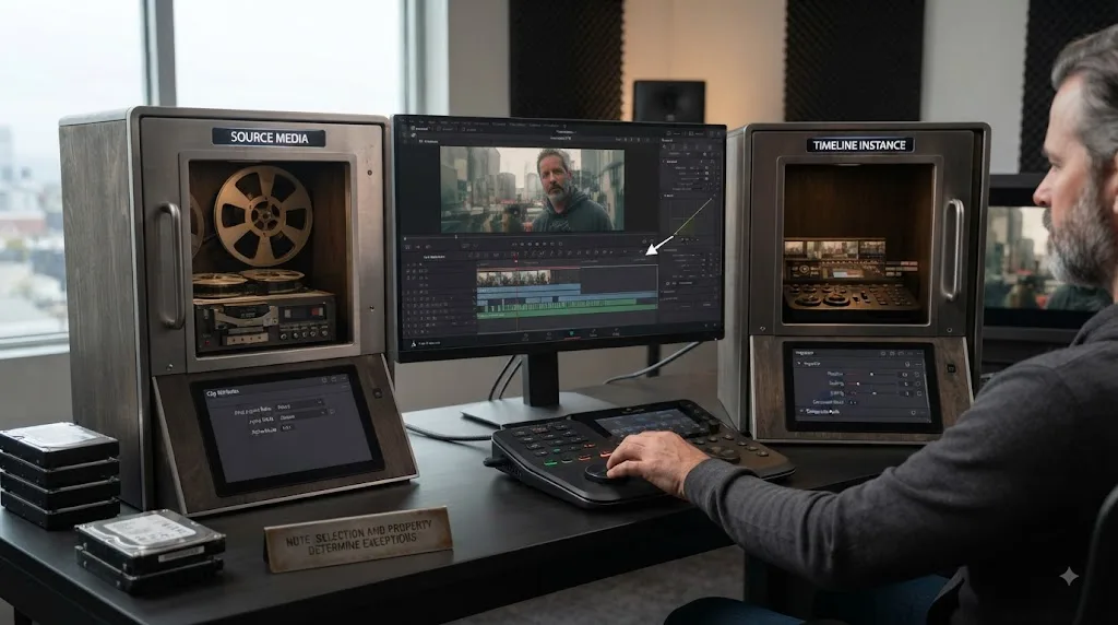Illustration of choosing DaVinci Resolve Clip Attributes for source interpretation or Inspector for timeline treatment