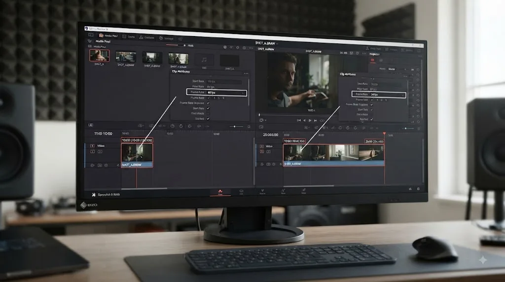 Illustration of DaVinci Resolve source frame-rate interpretation changing the duration of the same 600 frames