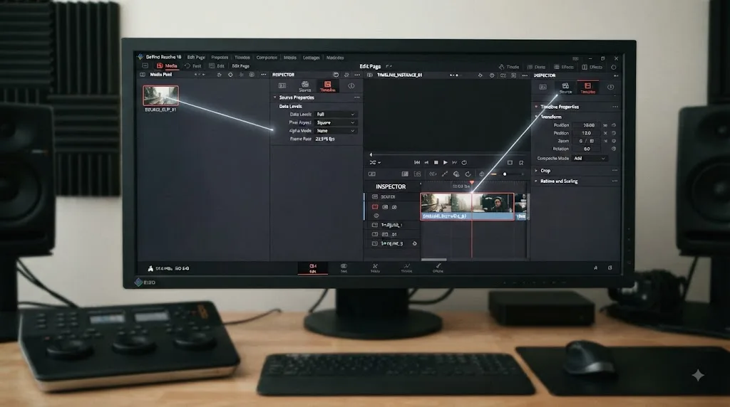 Illustration of DaVinci Resolve Inspector scope changing with Media Pool or timeline selection
