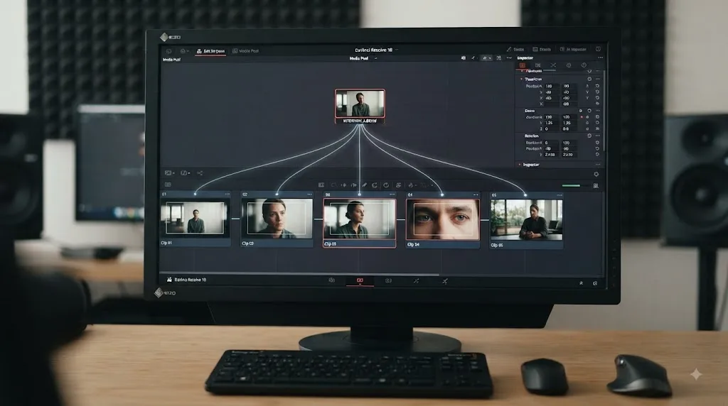 Illustration of five DaVinci Resolve timeline instances sharing one source while keeping separate Inspector states
