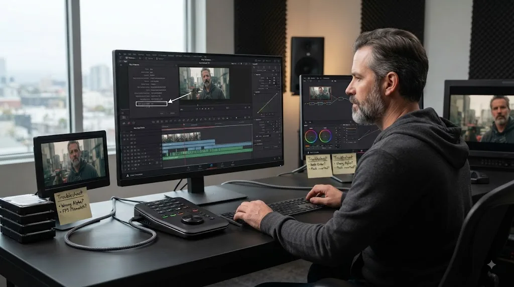 Illustration of the DaVinci Resolve media pipeline from source interpretation through timeline Inspector and later processing