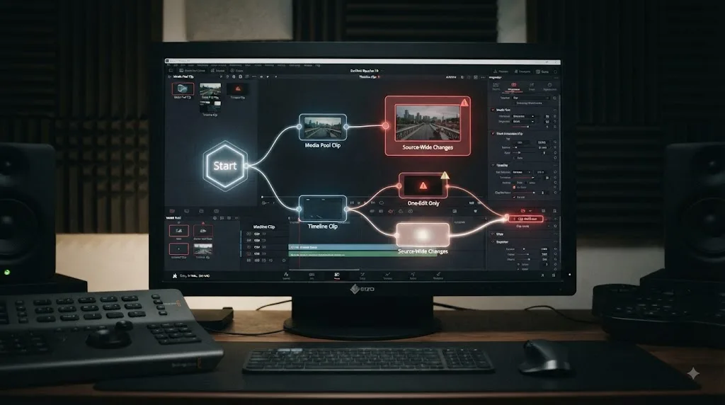 Illustration of a DaVinci Resolve selection and scope decision tree before changing Clip Attributes