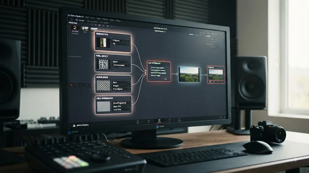 Illustration of DaVinci Resolve Clip Attributes interpreting orientation pixel aspect alpha and field dominance