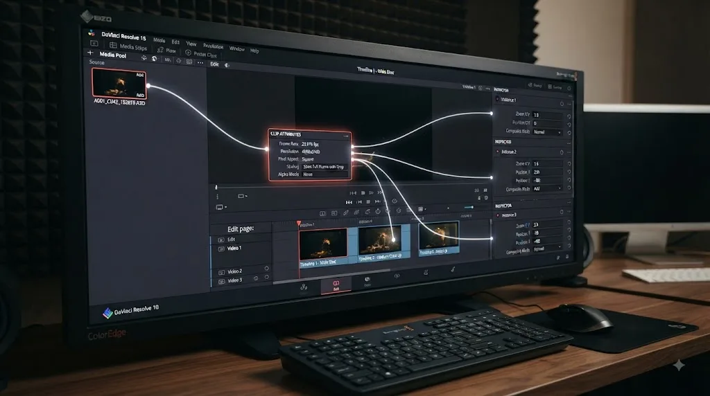 Illustration of one DaVinci Resolve source clip feeding several timeline instances with separate Inspector settings