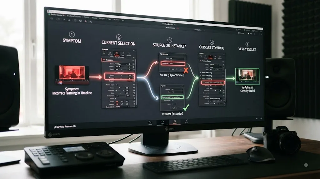 Illustration of troubleshooting DaVinci Resolve Clip Attributes and Inspector by checking selection and scope