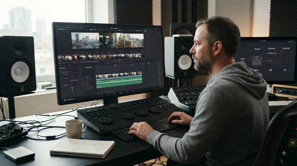 Illustration of DaVinci Resolve versions changing control locations while source and timeline scope remain stable