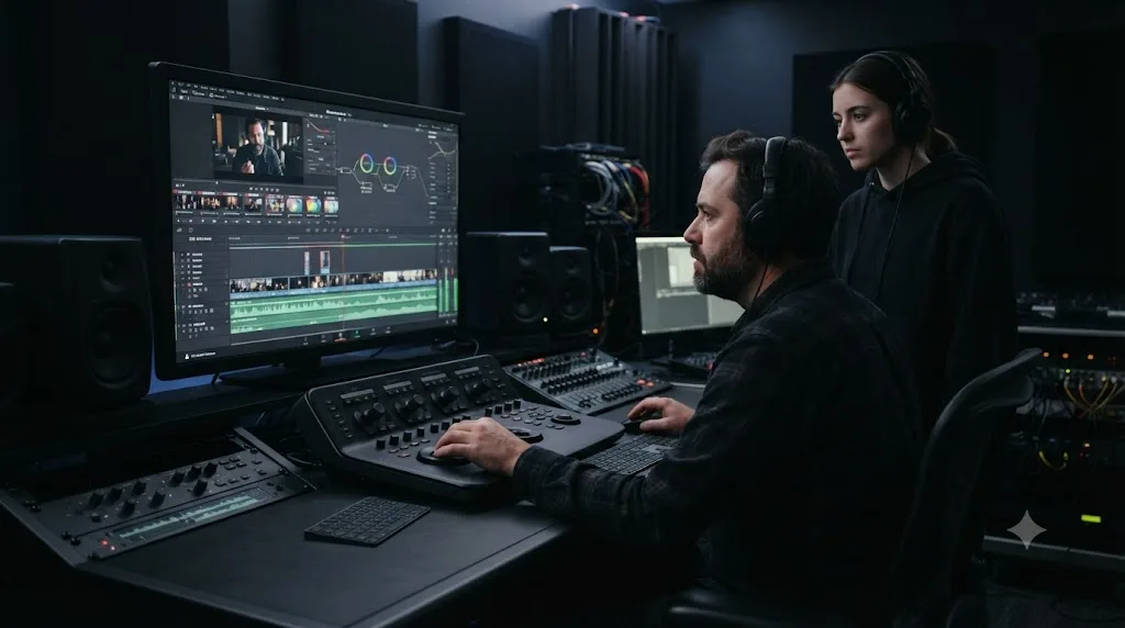Illustration of an intern shadowing a professional editor in a cutting room, watching a timeline on a large monitor