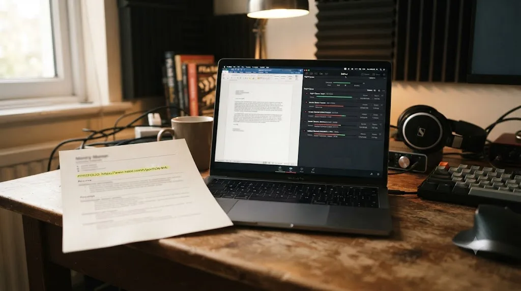 Illustration of a resume with a highlighted portfolio link next to a laptop showing a cover letter draft and a DaVinci Resolve export queue