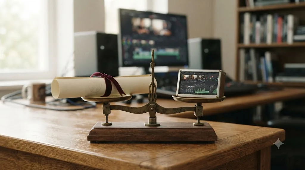 Illustration of a diploma and a DaVinci Resolve timeline balanced on opposite ends of a scale