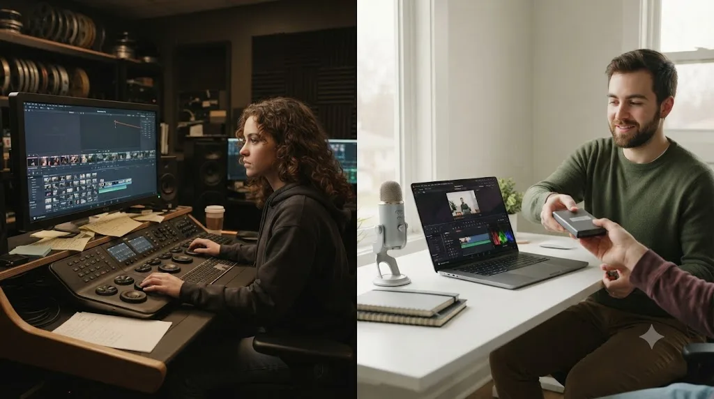 Illustration of two internship formats, one intern logging footage in a cutting room and another cutting solo at a small studio desk
