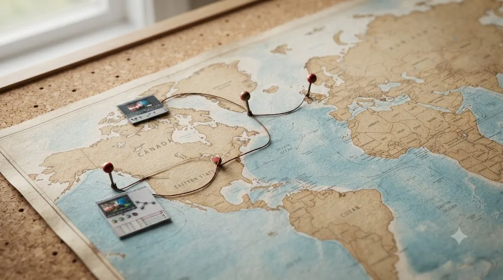 Illustration of a world map with pins marking UK, Canadian, and US film editing training programs next to a DaVinci Resolve icon