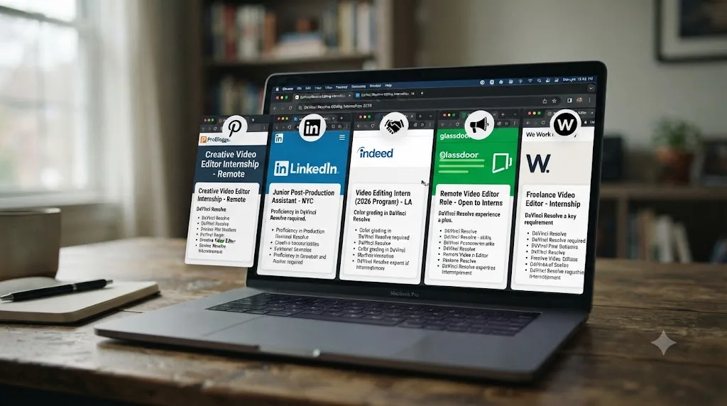 Illustration of a laptop with multiple job board tabs open showing editing internship listings