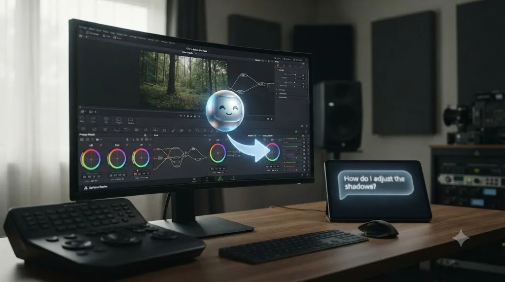 Illustration of an on-screen assistant pointing at a control in DaVinci Resolve's Color page next to a typed question bubble