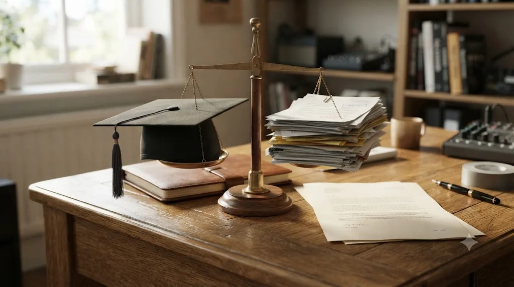 Illustration of a scale balancing an educational graduation cap against production paperwork, representing the unpaid internship legal test