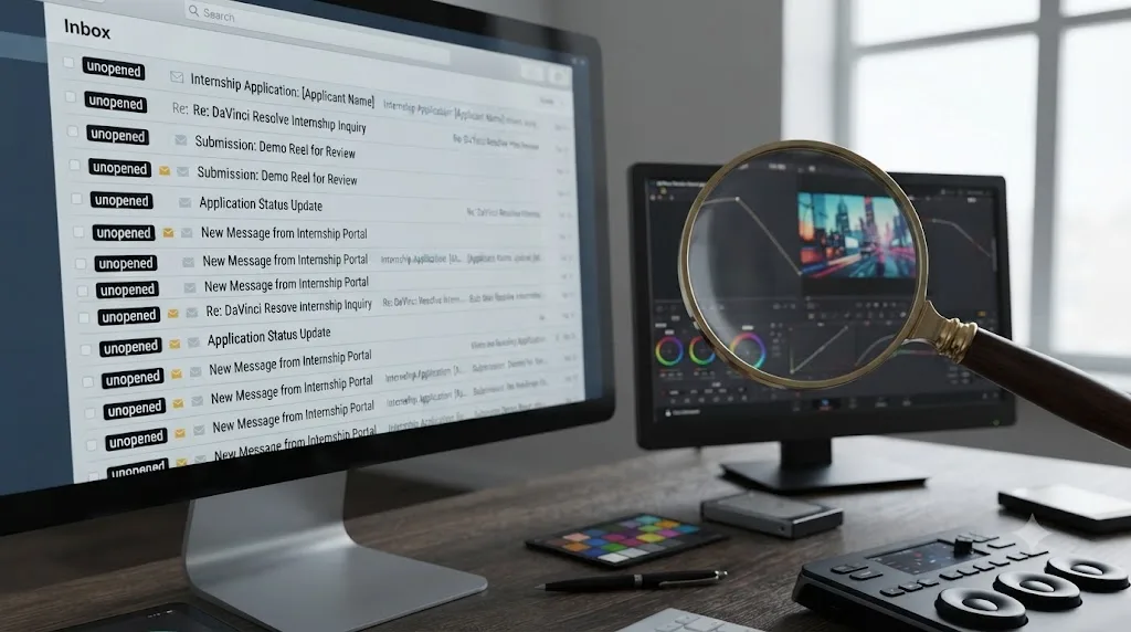 Illustration of an inbox with unopened application emails next to a magnifying glass reviewing a demo reel thumbnail