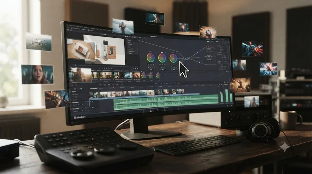 Illustration of a DaVinci Resolve timeline surrounded by floating portfolio project thumbnails
