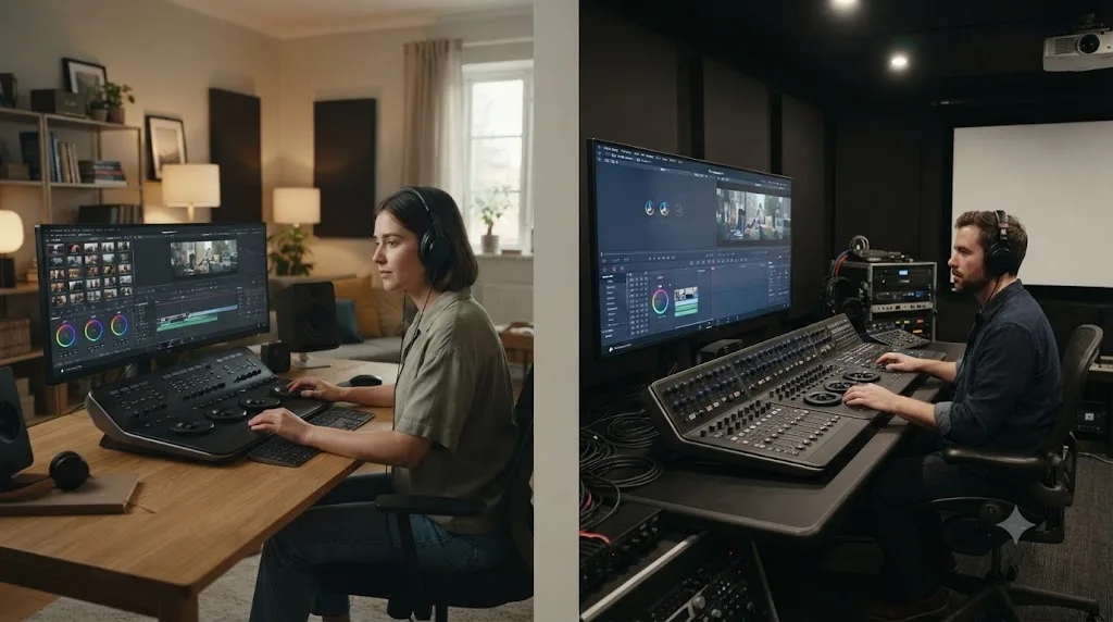 Illustration comparing a remote editor working from a home desk against an in-person cutting room setup