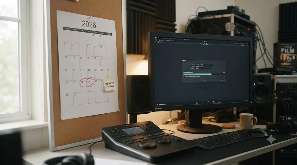 Illustration of a wall calendar with an internship application deadline circled next to a DaVinci Resolve export progress bar