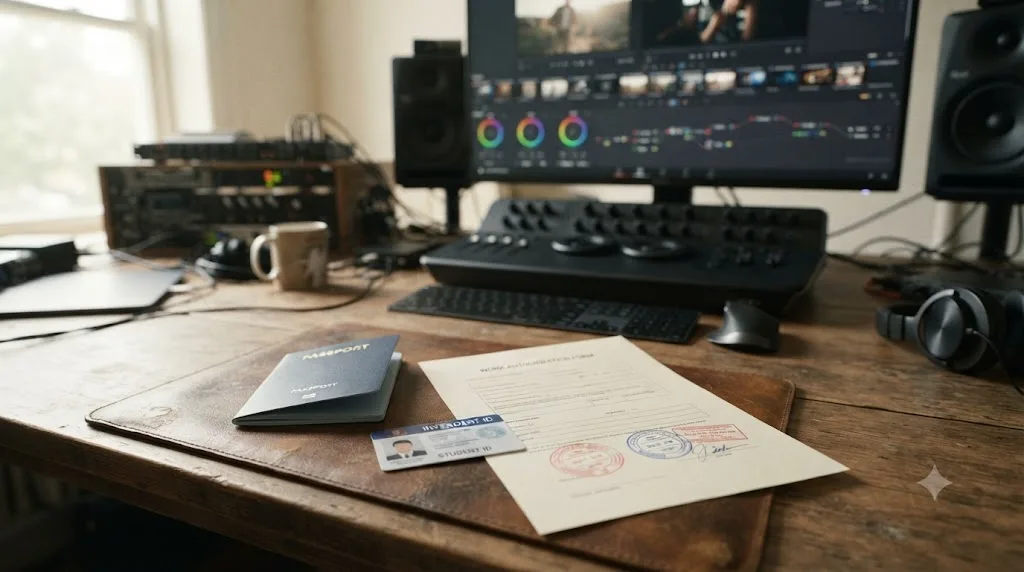 Illustration of a passport and international student ID card next to a stamped work authorization form on an editing desk