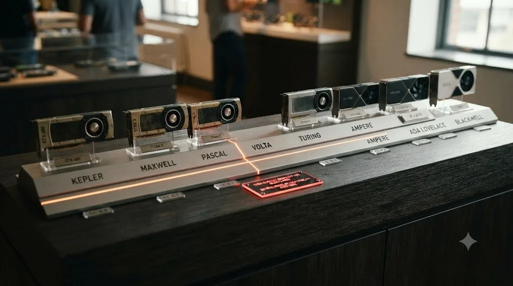 Illustration of a GPU generation timeline showing where CUDA compute capability support drops off for older cards