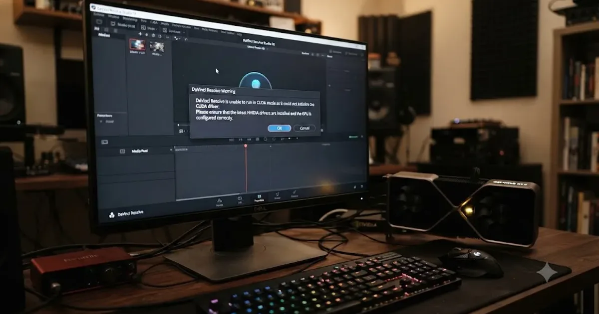 Illustration of a DaVinci Resolve warning dialog reporting it is unable to run in CUDA mode next to an NVIDIA graphics card icon