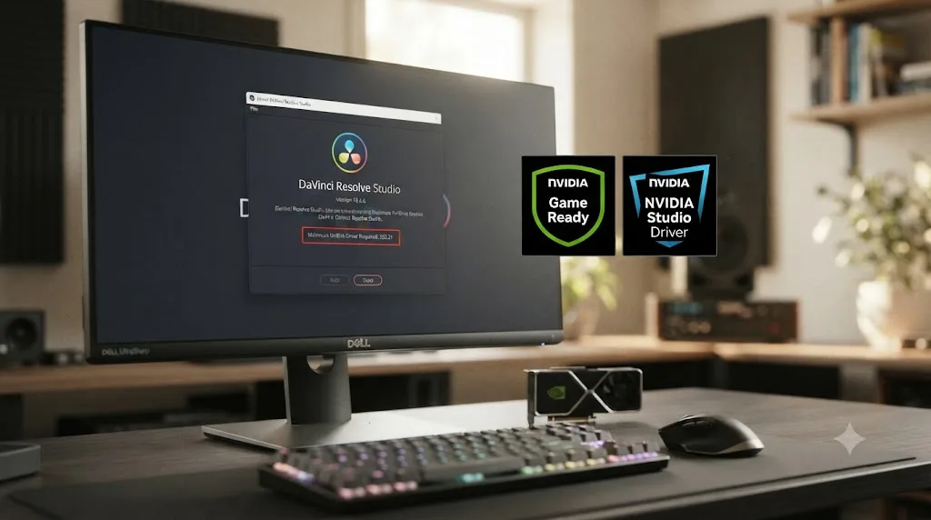 Illustration comparing NVIDIA Game Ready and Studio Driver icons next to the About DaVinci Resolve Studio minimum version dialog