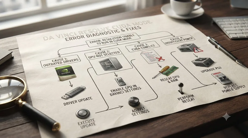 Illustration of a diagnostic flowchart connecting DaVinci Resolve CUDA mode error causes to their fixes