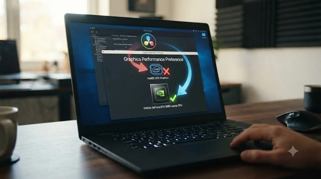 Illustration of a laptop with integrated and dedicated GPU icons showing DaVinci Resolve being routed to the correct dedicated NVIDIA card
