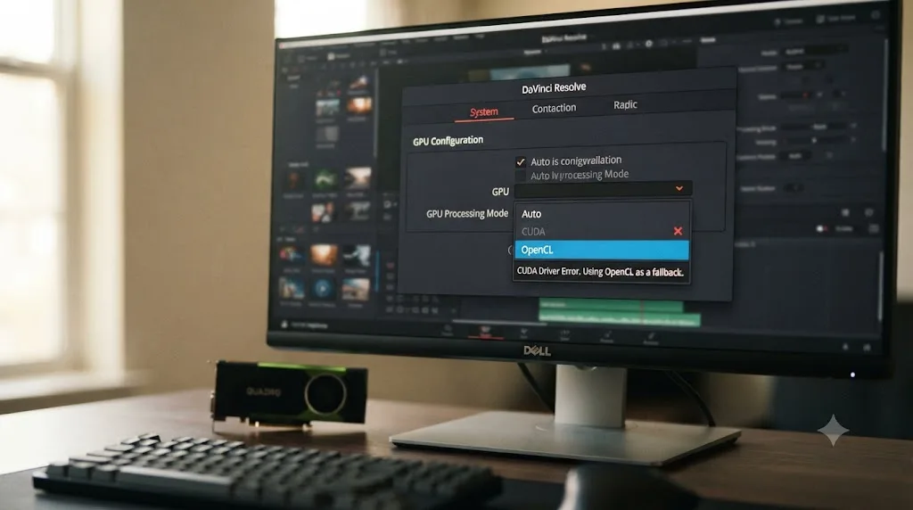 Illustration of DaVinci Resolve's GPU Processing Mode dropdown with OpenCL highlighted as the working fallback option