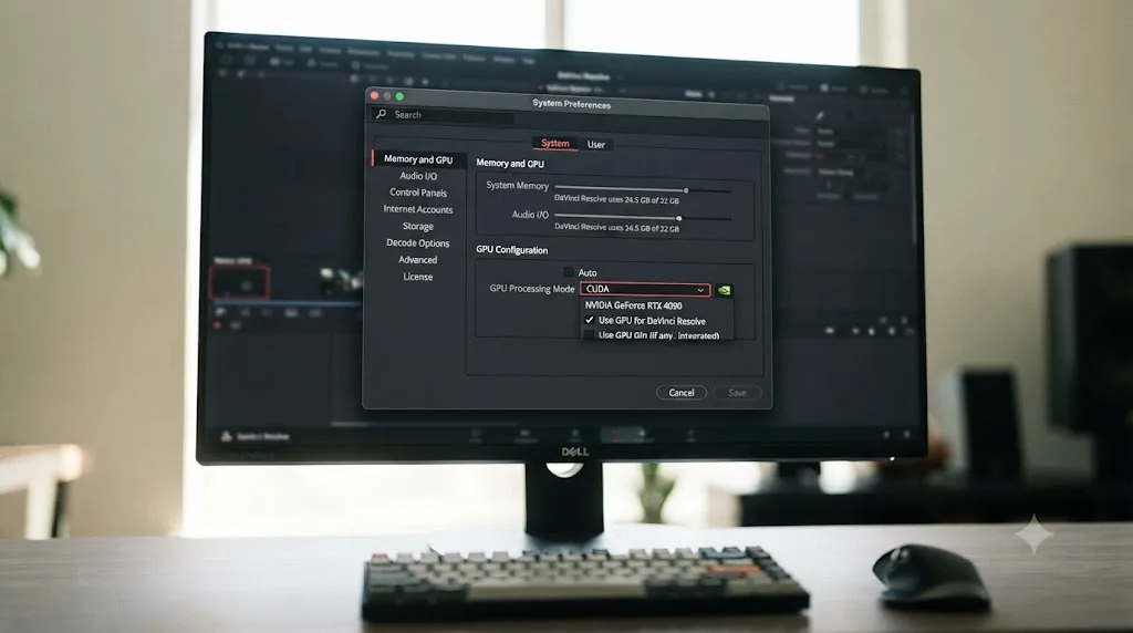 Illustration of DaVinci Resolve Preferences Memory and GPU panel with Auto unchecked and CUDA manually selected