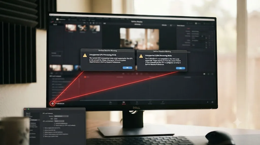 Illustration comparing two DaVinci Resolve GPU warning dialogs both pointing toward the same preferences fix