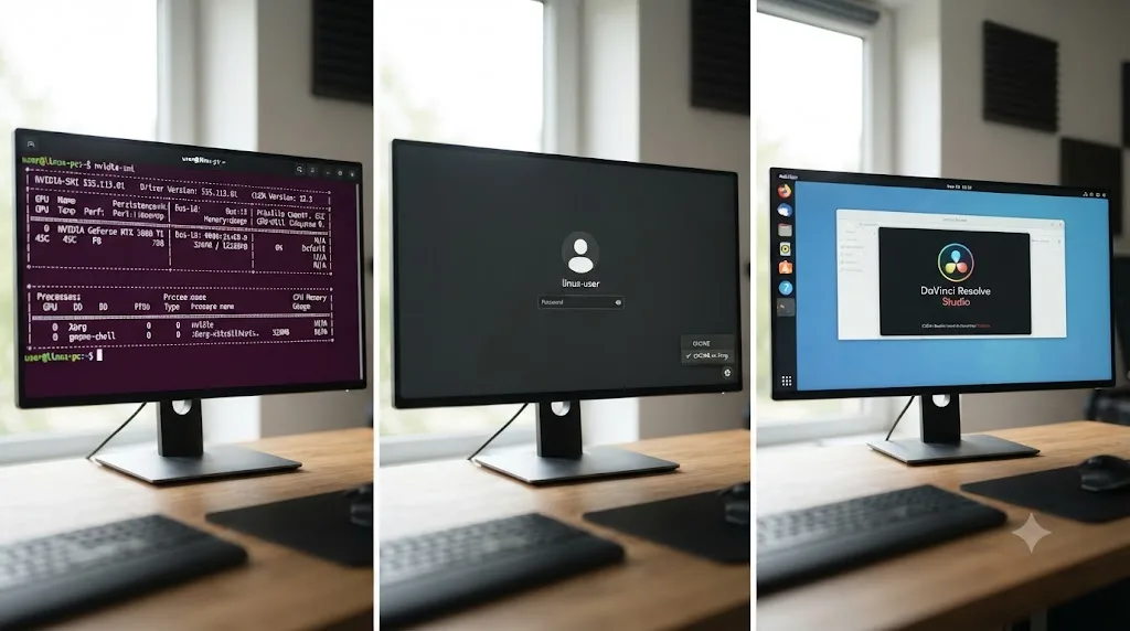 Illustration of a Linux terminal showing a successful nvidia-smi output next to an X11 session being selected at login