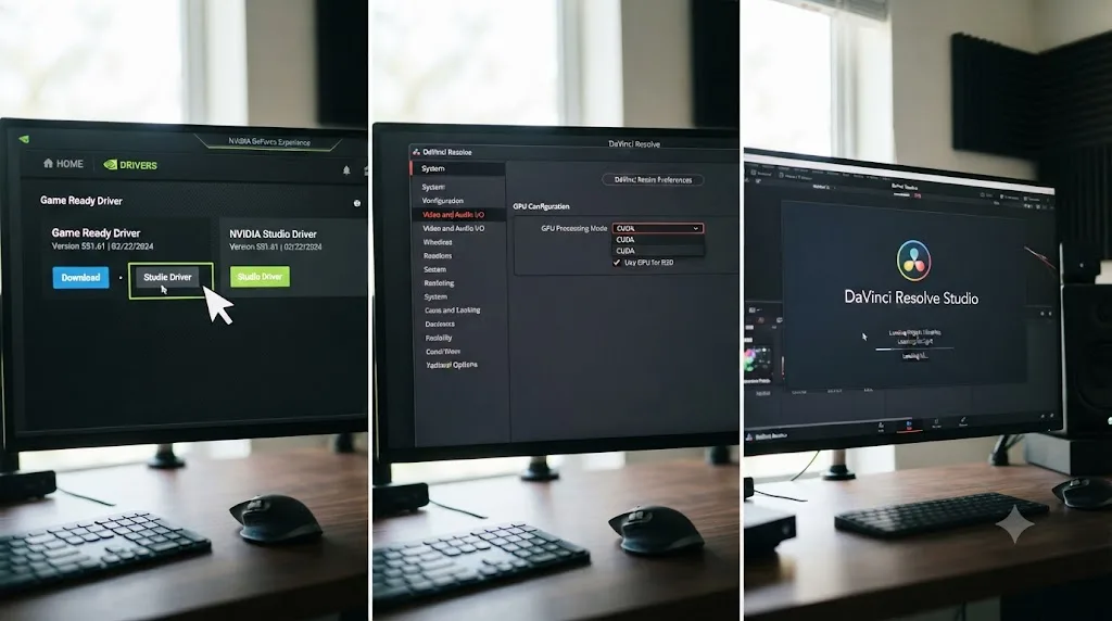 Illustration of a worked example showing a driver fix followed by manual GPU selection resolving a DaVinci Resolve CUDA warning