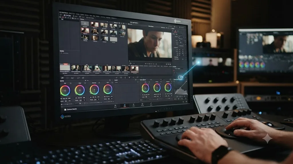 Illustration of a glowing pointer highlighting a specific tool icon on a DaVinci Resolve Color page interface
