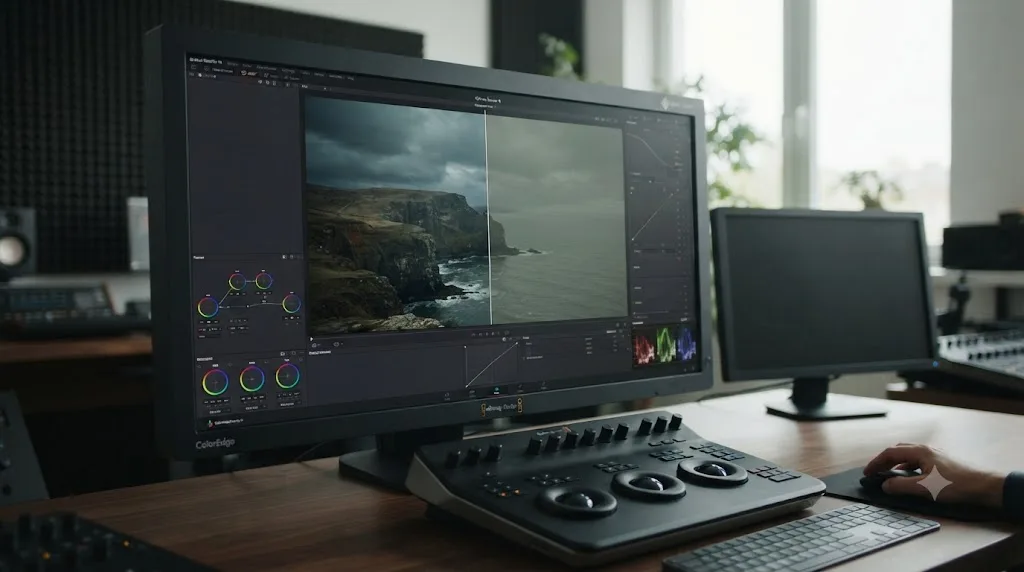 Illustration of a DaVinci Resolve viewer split by a wipe line showing a graded clip beside the same bypassed, ungraded clip