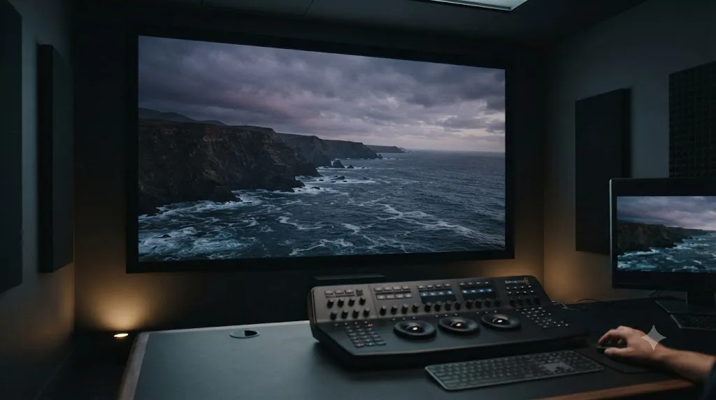 Illustration of a DaVinci Resolve cinema viewer showing a graded frame with no interface panels visible