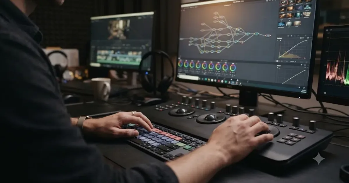 Illustration of a colorist's hands moving across a keyboard in front of a DaVinci Resolve Color page node graph