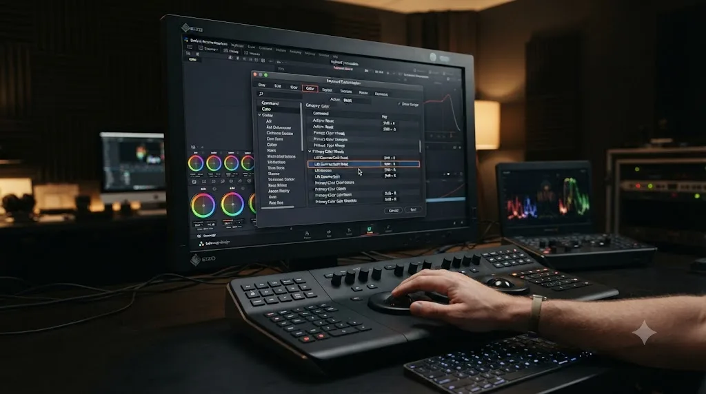 Illustration of the DaVinci Resolve Keyboard Customization window with the Color page tab open and one shortcut key field highlighted