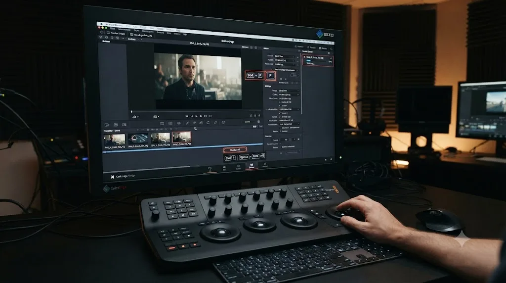 Illustration of the DaVinci Resolve Deliver page with a render queue and progress bar, keyboard shortcut icons beside the queue and render controls