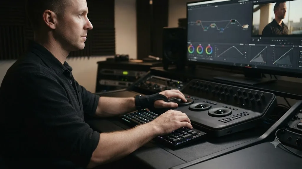 Illustration of a colorist at a workstation in neutral wrist posture with a keyboard and color grading panel