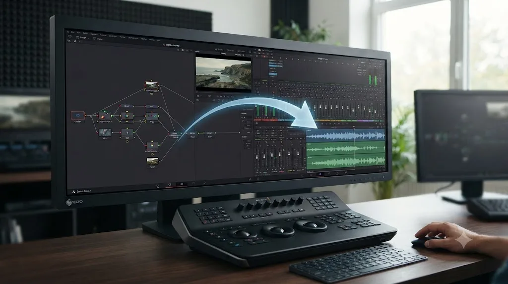 Illustration of a colorist moving between the DaVinci Resolve Fusion node graph and the Fairlight audio mixer